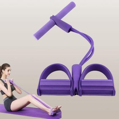 Purple resistance band exercise tool with a woman using it on a mat.