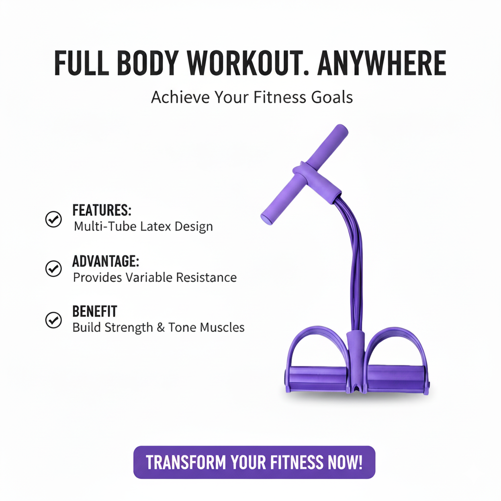 Purple resistance band with text about full body workout and fitness goals on a white background