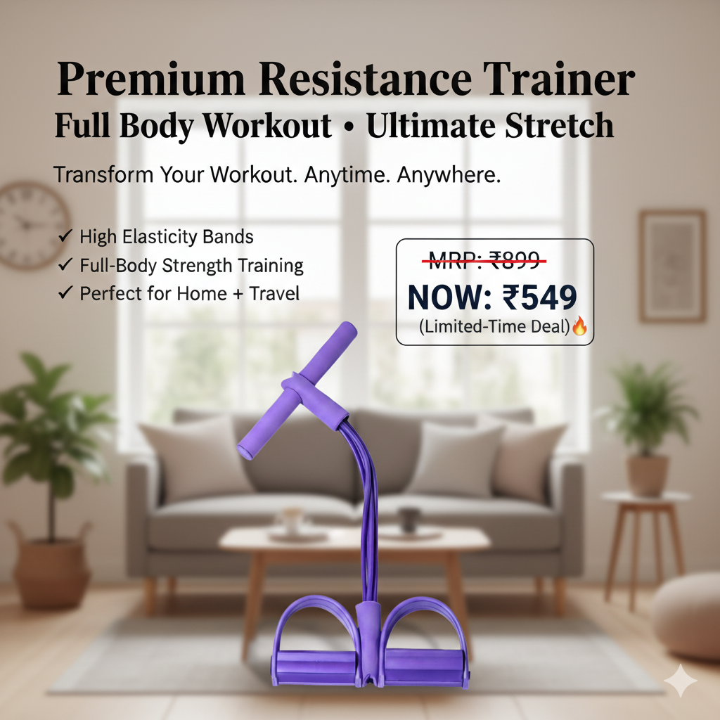 Purple resistance trainer with promotional text in a living room setting