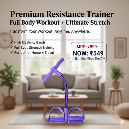 Purple resistance trainer with promotional text in a living room setting