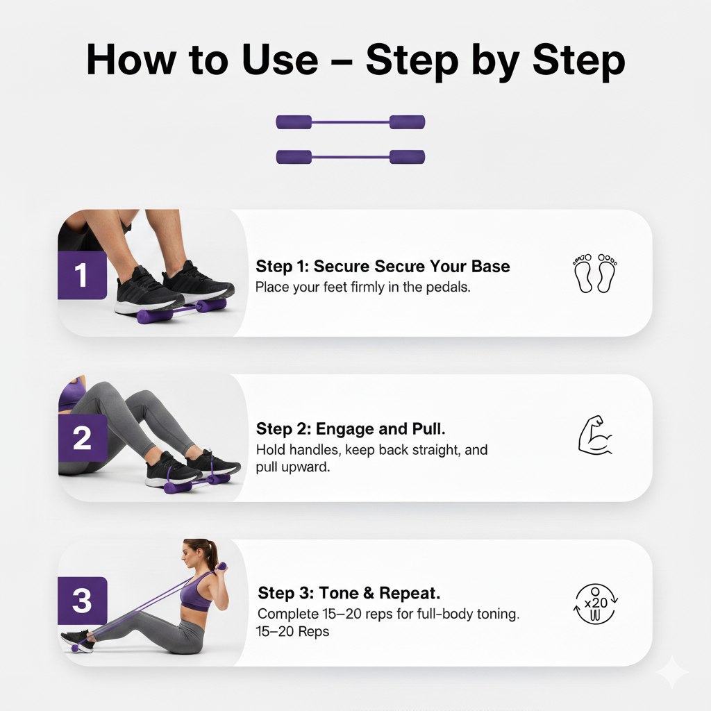 Step-by-step guide on how to use a piece of exercise equipment with illustrations and text.