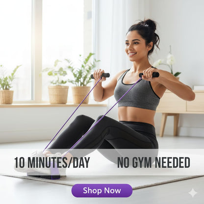 Woman exercising with resistance bands in a home setting, with text promoting a fitness program.